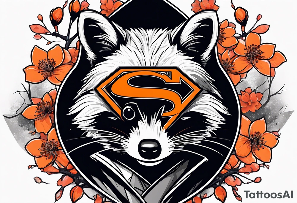 Raccoon wearing a white Superman logo on a black hoodie and orange Japanese cherry blossoms tattoo idea