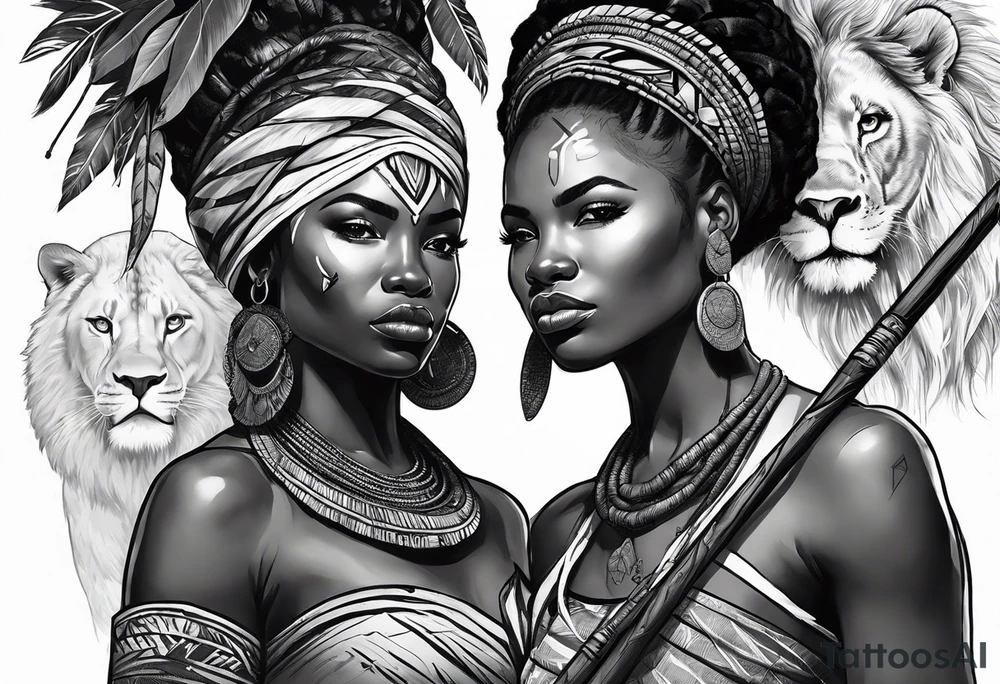 African woman warrior holding spear with earrings. Tribe marks on her face and tree Branch brids and lion in the background tattoo idea