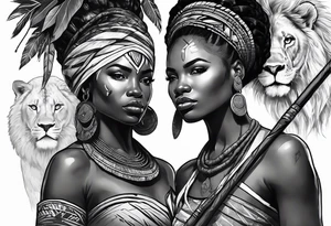 African woman warrior holding spear with earrings. Tribe marks on her face and tree Branch brids and lion in the background tattoo idea