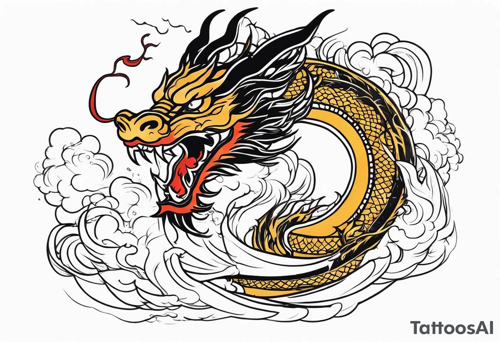 chinese dragon blowing fire while flying through a thunderstorm tattoo idea