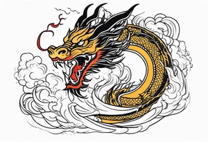 chinese dragon blowing fire while flying through a thunderstorm tattoo idea