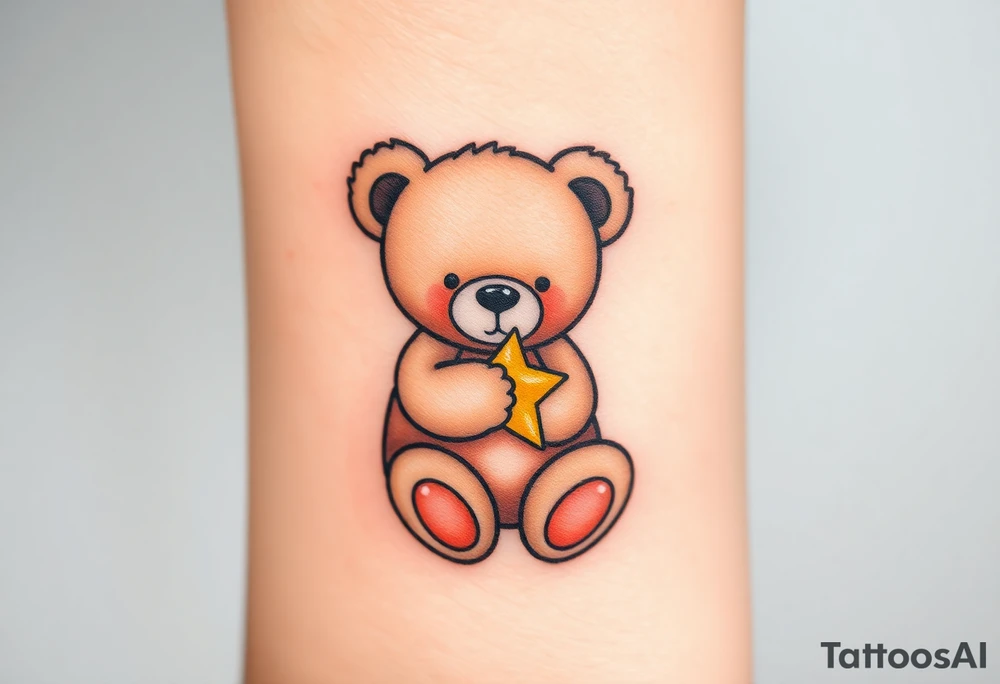 A teddy bear hugging a tiny star, in soft brown and glowing yellow, representing comfort and security. tattoo idea