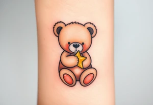 A teddy bear hugging a tiny star, in soft brown and glowing yellow, representing comfort and security. tattoo idea