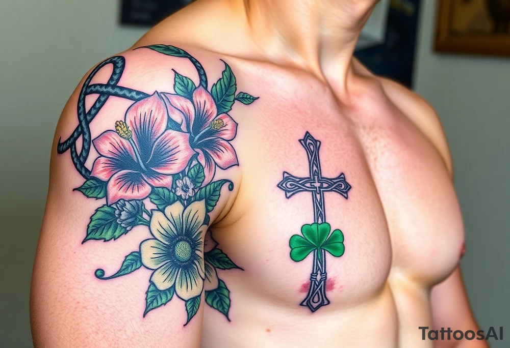 shoulder half sleeve tattoo with black and green celtic knots weaving throughout, bright colorful hibiscus flowers, sunflowers and a celtic cross with green 4 leaf clover tattoo idea
