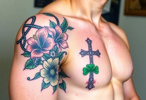 shoulder half sleeve tattoo with black and green celtic knots weaving throughout, bright colorful hibiscus flowers, sunflowers and a celtic cross with green 4 leaf clover tattoo idea