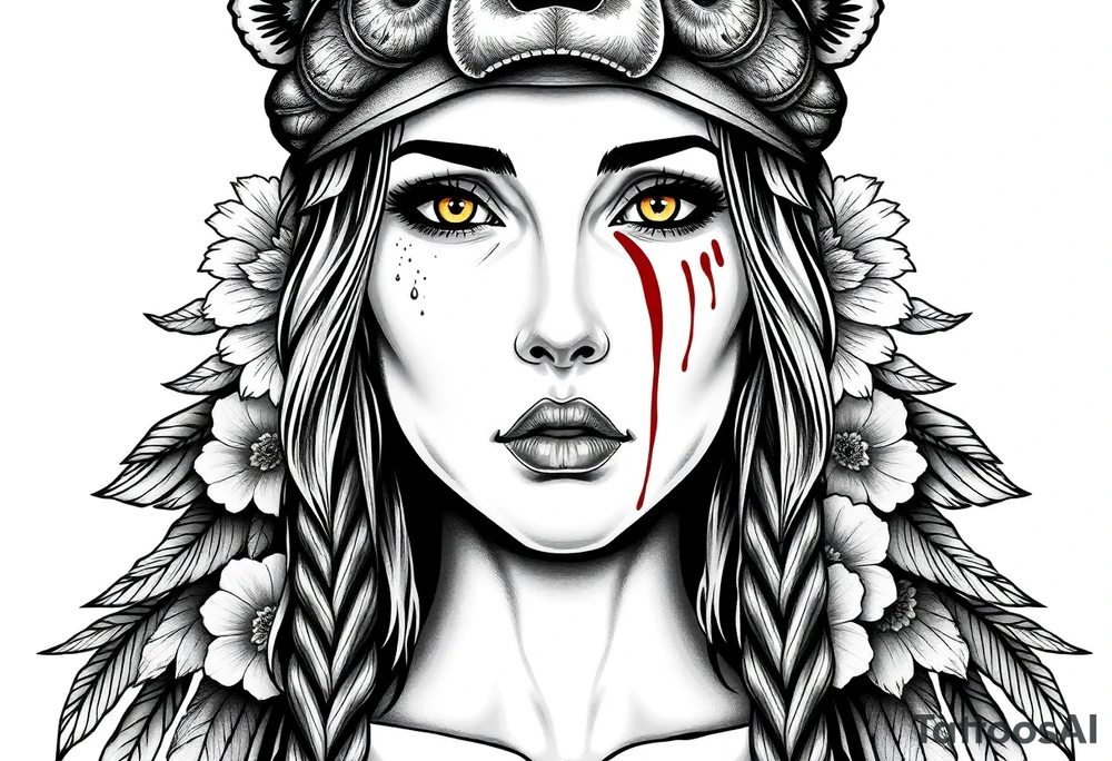 Young Symmetrical Beautiful Woman, looking forward, with colored eyes, shedding a tear, with battle scars and blood on face, with soft look, wearing a mean looking bear headdress on head, with dead flower background tattoo idea