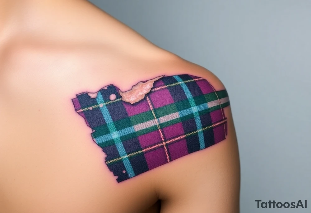 Side of arm Dark Purple with green pink blue and white highlights tartan fabric with skin peeling away at edges tattoo idea