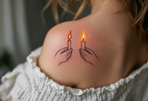 One wears a burning match in red and gold, and the other the lit candle it touches, showing how they ignite each other’s flame. tattoo idea