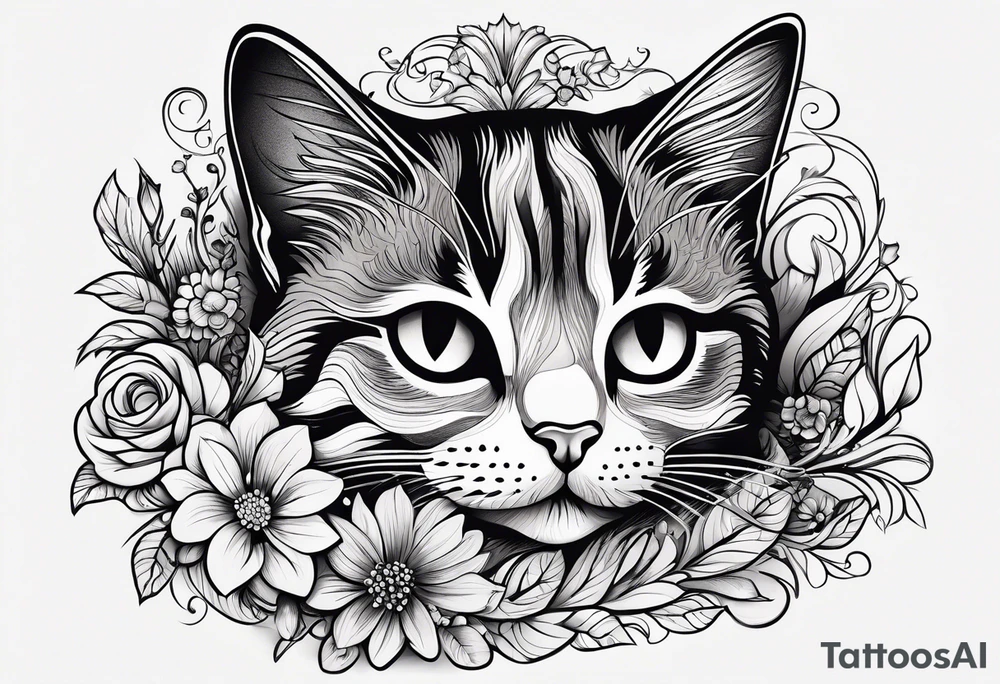 Illustrate a small tattoo of a tabby cat curled up, surrounded by gentle swirls or floral elements to enhance its cozy vibe tattoo idea