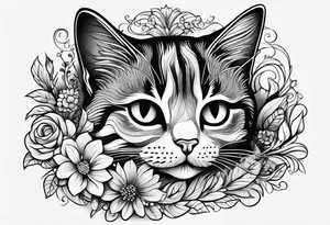 Illustrate a small tattoo of a tabby cat curled up, surrounded by gentle swirls or floral elements to enhance its cozy vibe tattoo idea