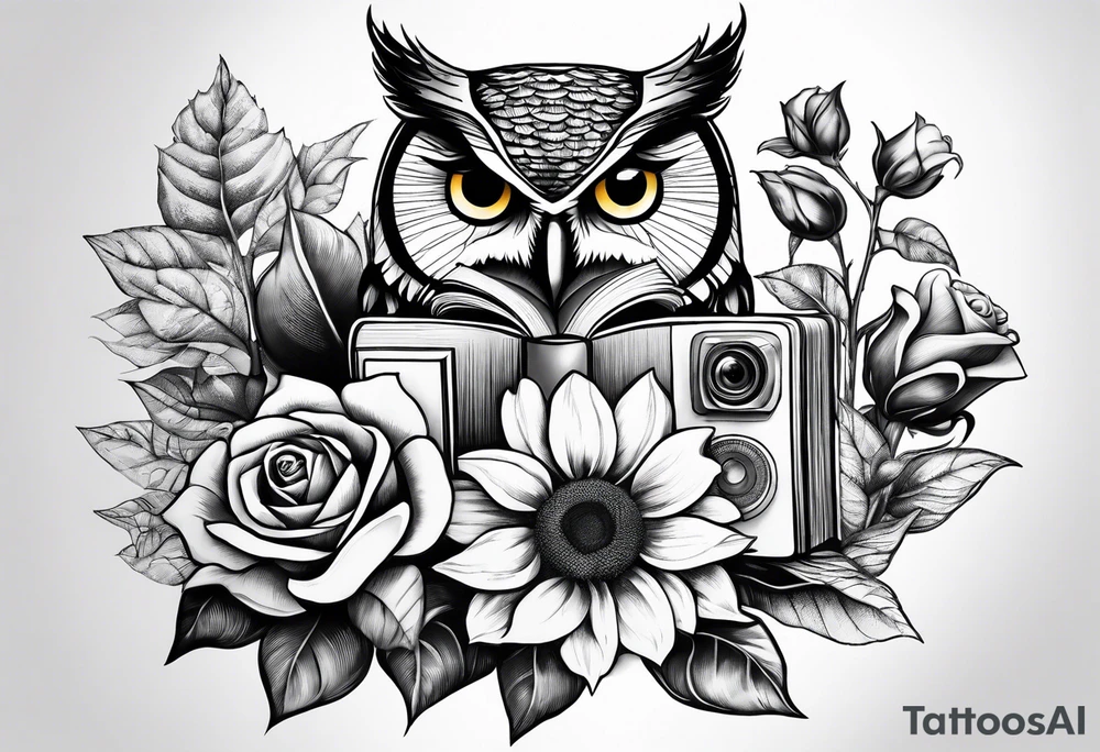 Sunflower, camera, book, owl, flower rose tattoo idea