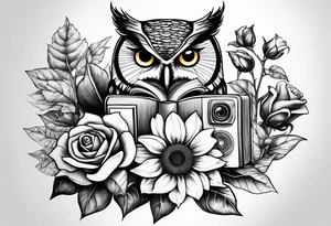 Sunflower, camera, book, owl, flower rose tattoo idea