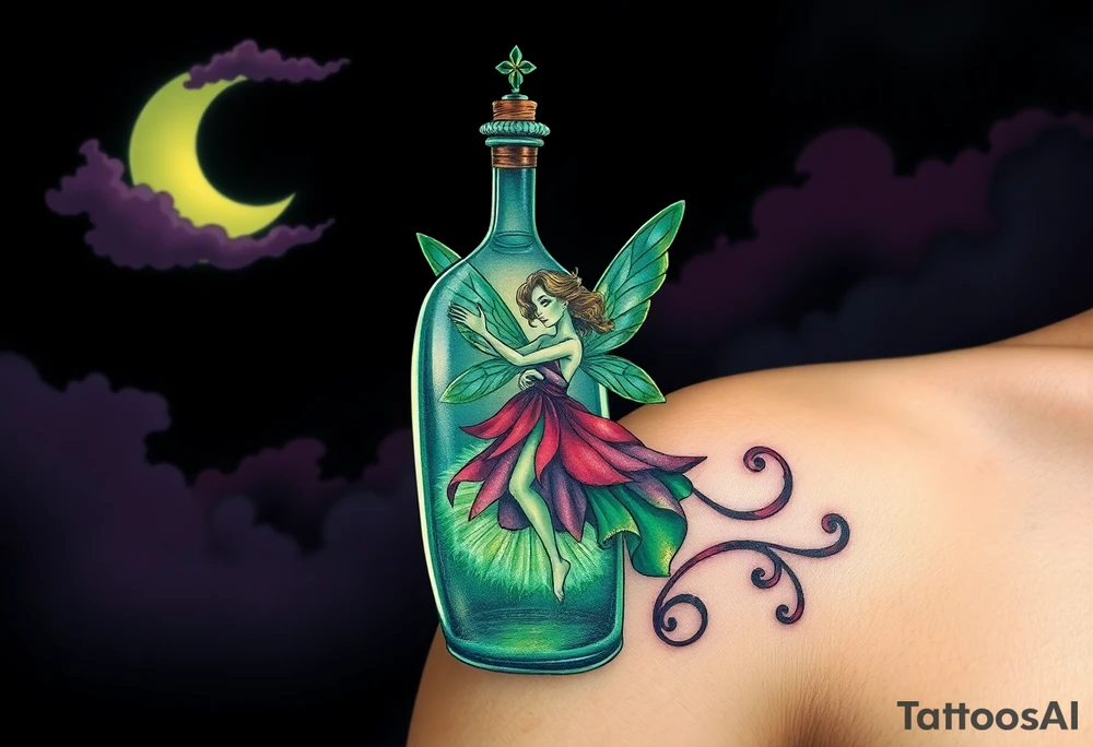 Tim Burton’s pin up style Vintage Parisian elegant and hauntingly beautiful yet eerie full body absinthe Green Fairy dances outside her victorian crystal decatur she was once inside this elaborate ornate bottle absinthe bottle Absinthe Art Nouveau   and dripping with muted reds, dusty pinks, and eerie green glow.purple and cyan smokey clouds swirl in the crescent moonlit sky thats sprinkled with stars tattoo idea