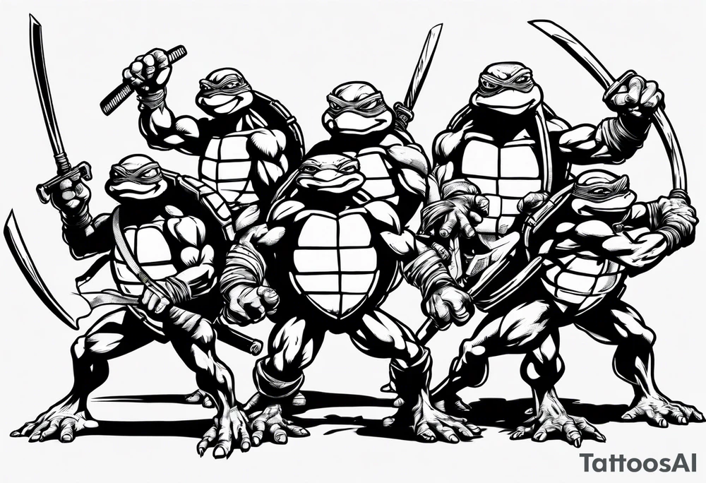 all four teenage mutant ninja turtles fighting enemies in a cityscape tattoo idea