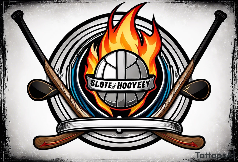 puck with crossed hockey sticks in the background and flames that says "SHOT HOCKEY" tattoo idea