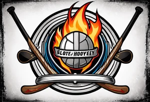 puck with crossed hockey sticks in the background and flames that says "SHOT HOCKEY" tattoo idea