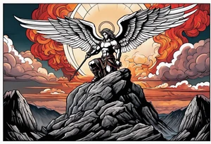 Michael the Archangel standing on top of the devil laying on rock over hot lava.  Clouds and lightning in background. tattoo idea