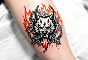 Hellhound with chains and fire – A snarling, three-headed dog surrounded by chains and licking flames, in black, burnt orange, and blood red. tattoo idea