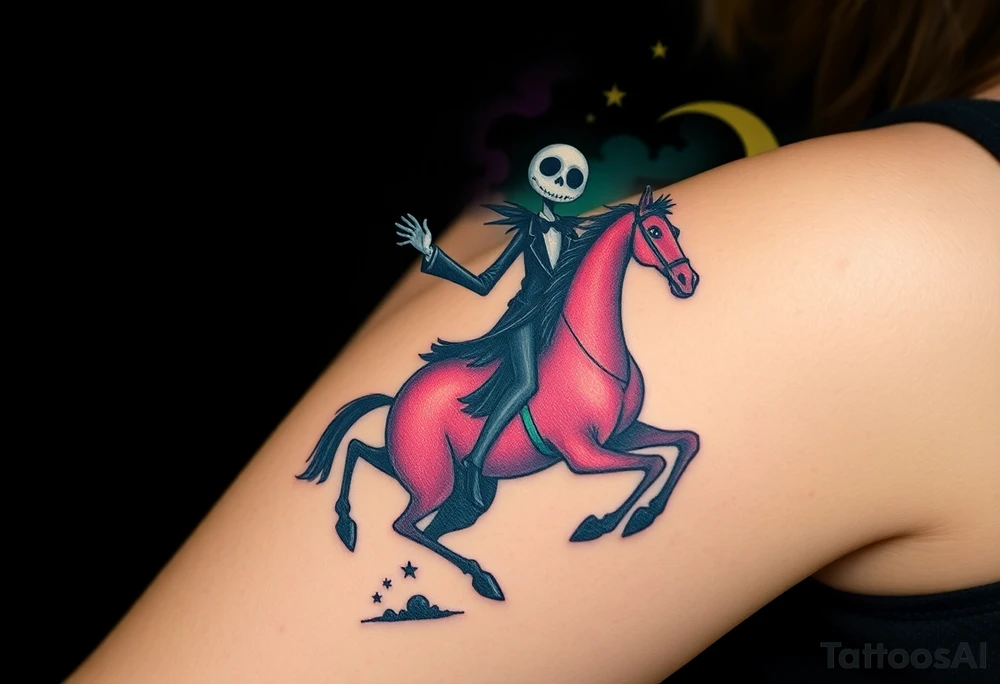 Tim Burton’s headless horseman is riding in the night he holds his head in hand as his horse bucks upwards and dripping with muted reds, dusty pinks, and eerie green glow.purple and cyan smokey clouds swirl in the crescent moonlit sky thats sprinkled with stars tattoo idea tattoo idea
