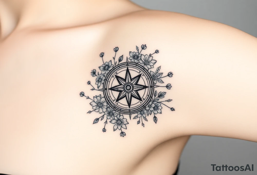 Abstract Compass surrounded with wild flowers tattoo idea