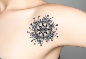 Abstract Compass surrounded with wild flowers tattoo idea