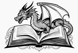 An open book with a dragon from First Wing curled up and resting underneath it. tattoo idea