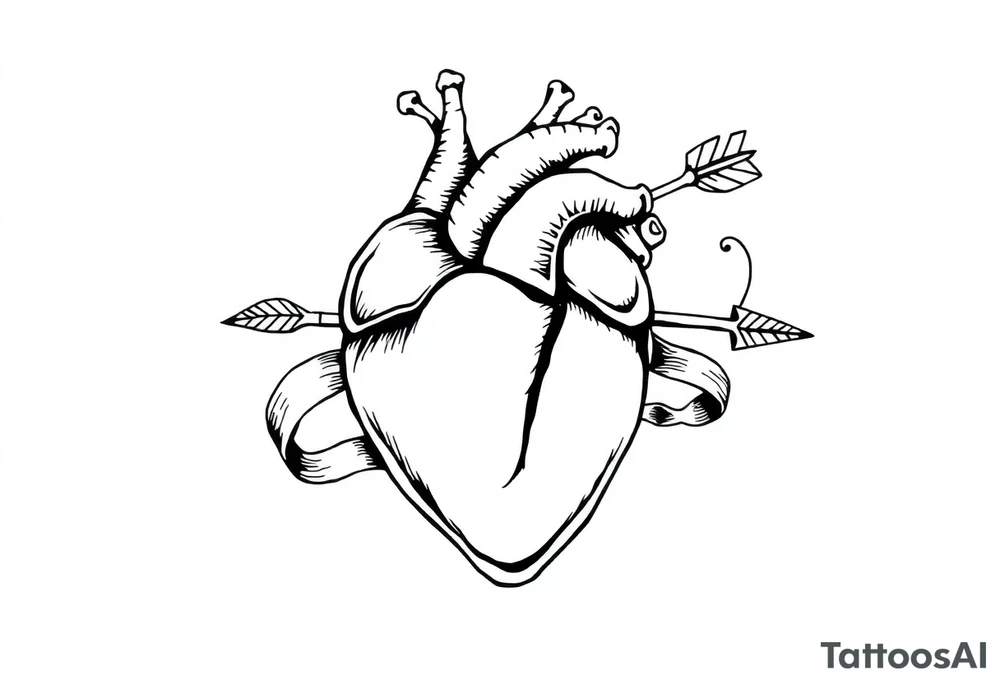 anatomical heart pierced by ornate arrow with flowing ribbons tattoo idea