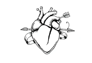 anatomical heart pierced by ornate arrow with flowing ribbons tattoo idea