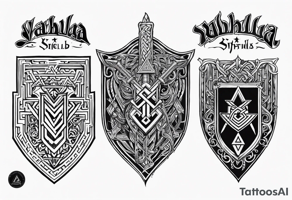 Valhalla shield sword valknut fire chains tattoo idea