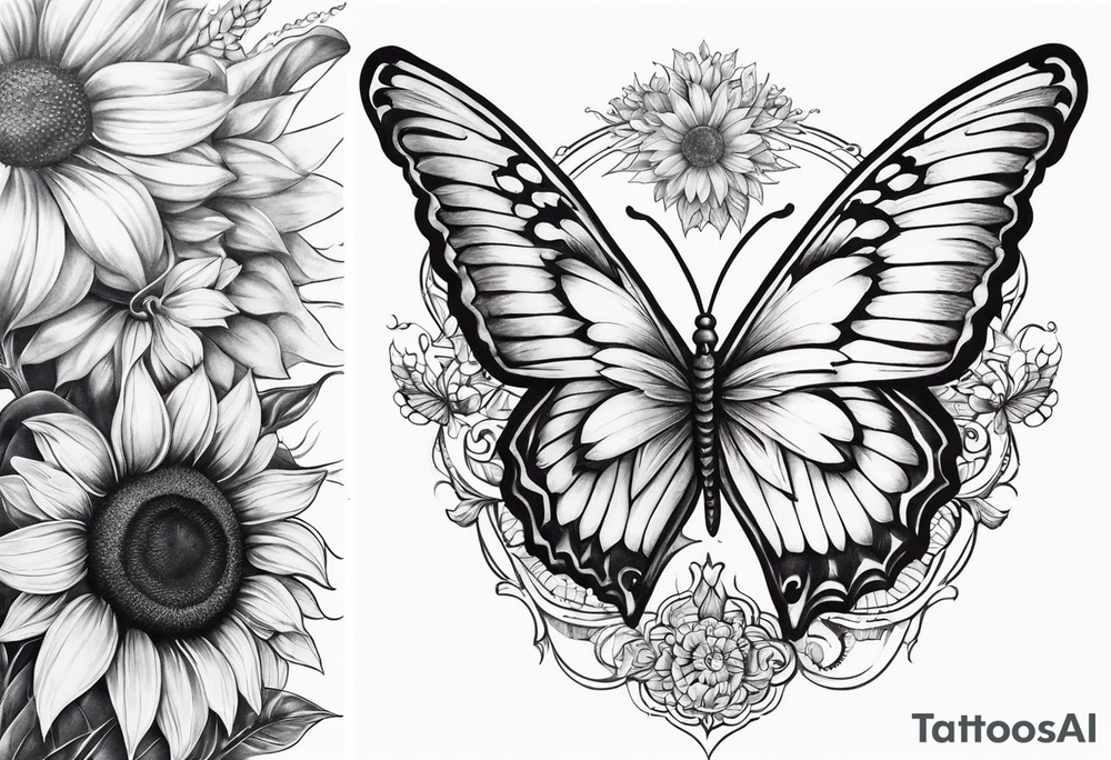 Sleeve with angel wings, sunflower and butterfly tattoo idea