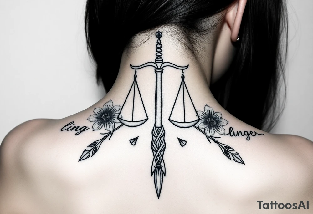 powerful Libra with flowers and spears from Nunavut and representing pain, anger love and healing for front of neck tattoo idea