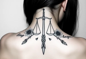 powerful Libra with flowers and spears from Nunavut and representing pain, anger love and healing for front of neck tattoo idea