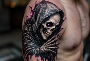 A surreal Grim Reaper dissolving into shadows with highlights of violet, black, and silver. tattoo idea