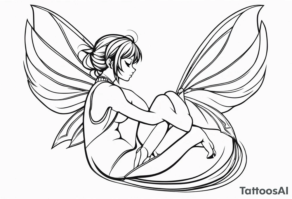 No color fairy with a tail inspired by the guild symbol in the anime show called Fairy Tail in a fetal position leaning in and forward while crawled in tattoo idea