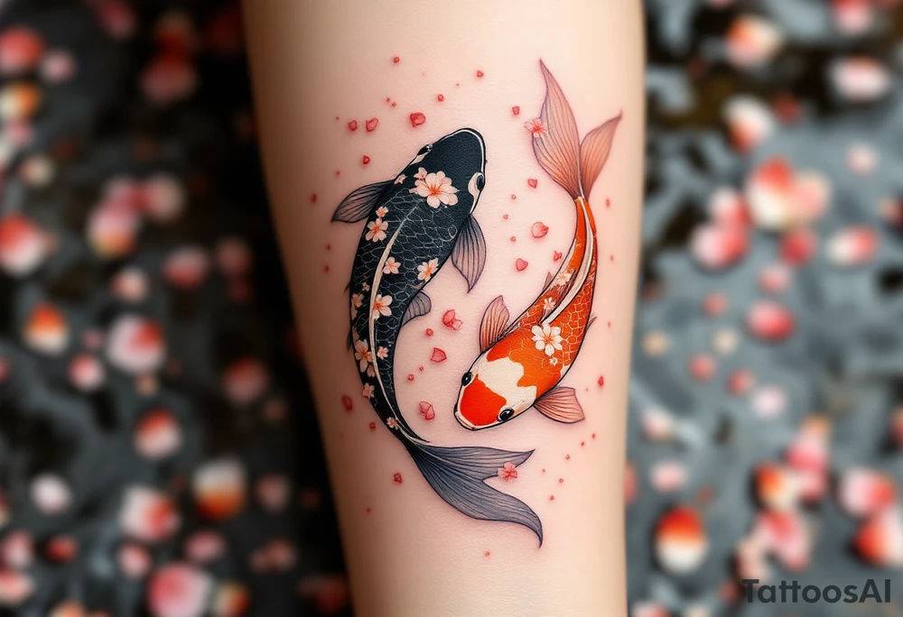 Koi Duo in Cherry Blossom Stream – A pair of koi, one orange, one black, flowing together through a river filled with scattered cherry petals. tattoo idea