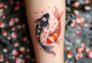 Koi Duo in Cherry Blossom Stream – A pair of koi, one orange, one black, flowing together through a river filled with scattered cherry petals. tattoo idea