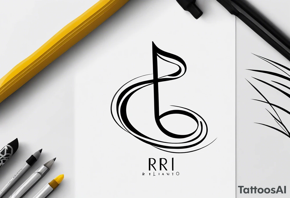 Minimalist line work tattoo, depicting musical
Notes and the letters “R” and “L” which symbolize Lainey and remi. tattoo idea