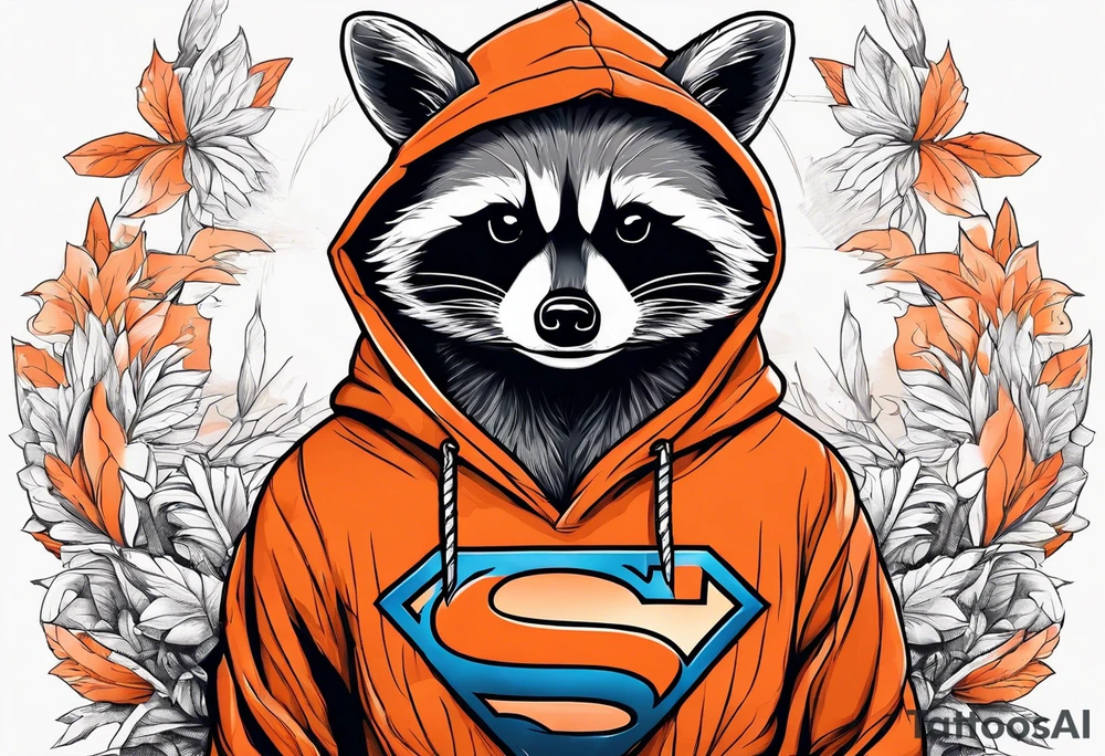Raccoon wearing an orange Superman hoodie tattoo idea