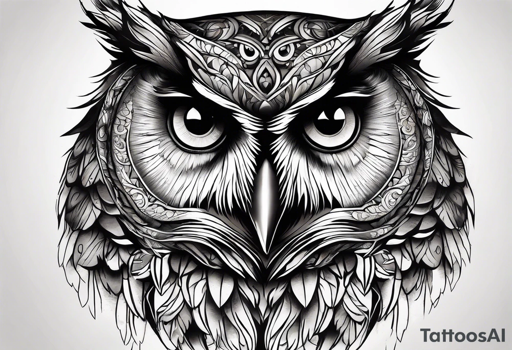 An owl with big brown strong serious eyes tattoo idea