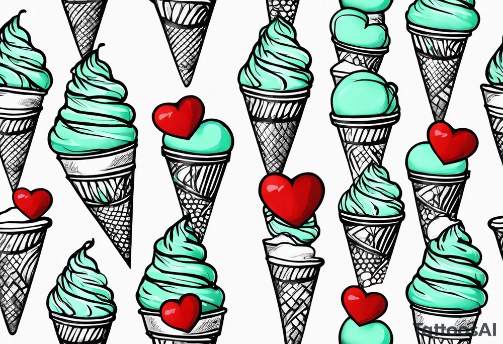 simple mint chocolate chip ice cream cone with small red heart on it somewhere. tattoo idea