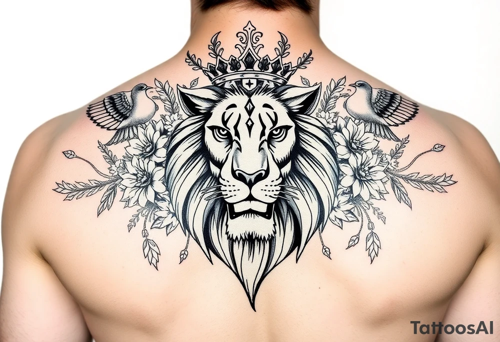 powerful majestic lion with a crown, surrounded by floral ornaments and birds tattoo idea