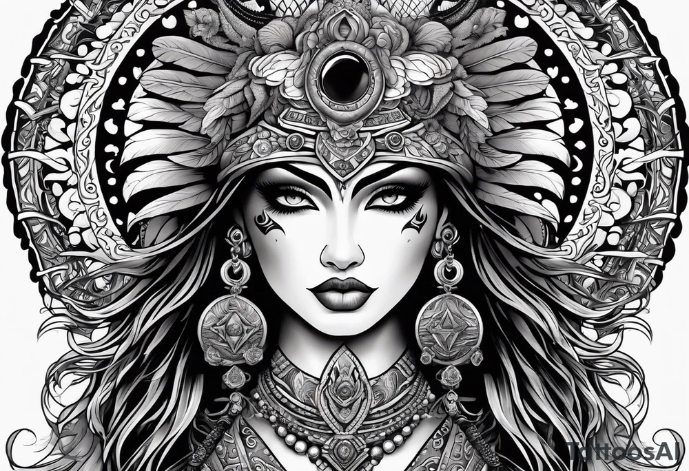 black kali, goddess pirate, alien, angel, pachamama, valkrye, warrior, flying, skull, lotus azul, wing, eagle, zenza resonance, stars, 5D, anahata chakra, death, durga, riding on a tiger, flying lady, kundalini, chest tatoo, samuri, rebel tattoo idea