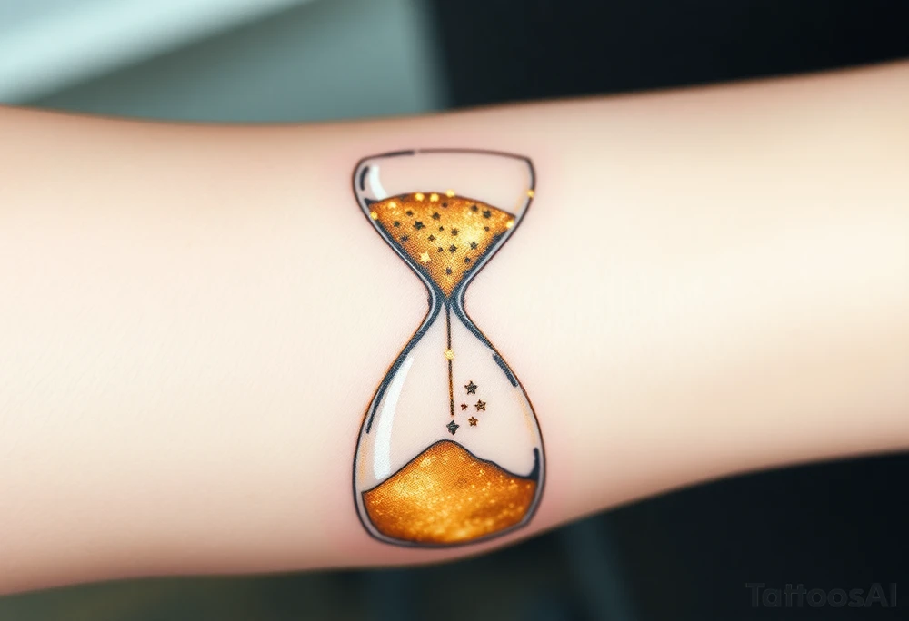 A golden hourglass where sand transforms into tiny stars, flowing down to mark the birth time, in shimmering gold and deep space black tattoo idea