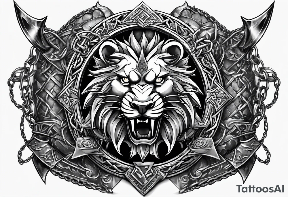 Valhalla sword shield dragon axe Valknut barbed wire chains lion tattoo idea