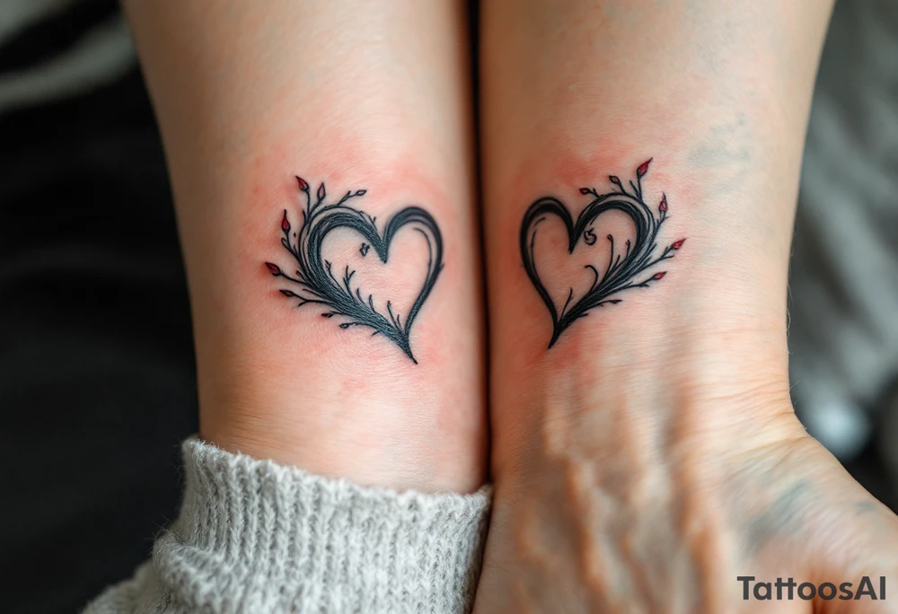 Two half-heart tattoos in black with red tips that form a full heart when partners shoulders are side by side tattoo idea