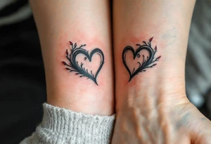 Two half-heart tattoos in black with red tips that form a full heart when partners shoulders are side by side tattoo idea
