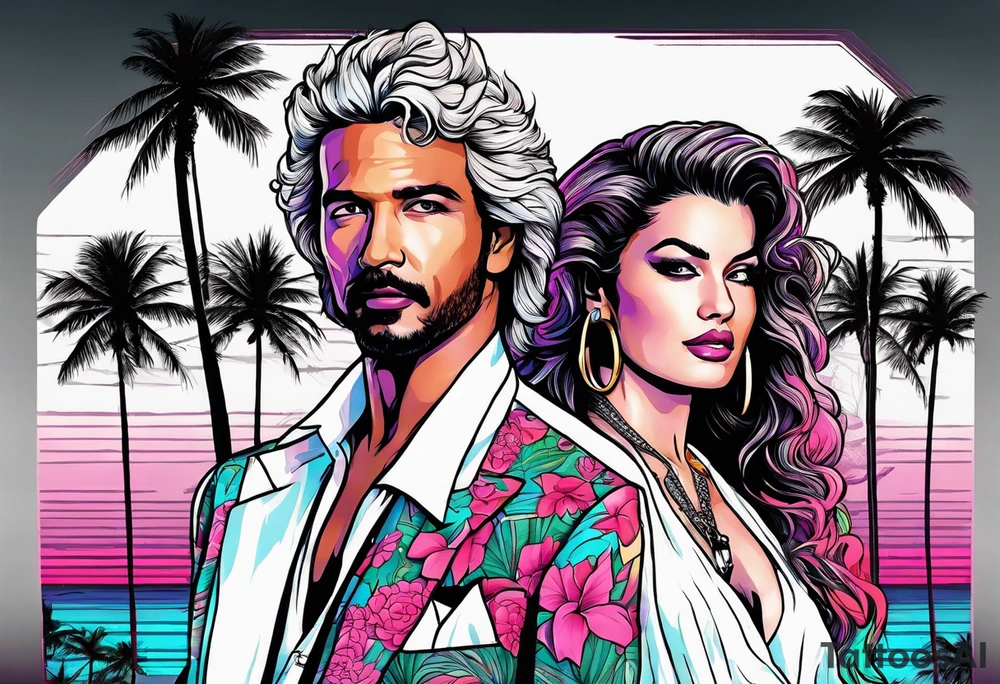 1980's miami vice style beach party, tattoo idea