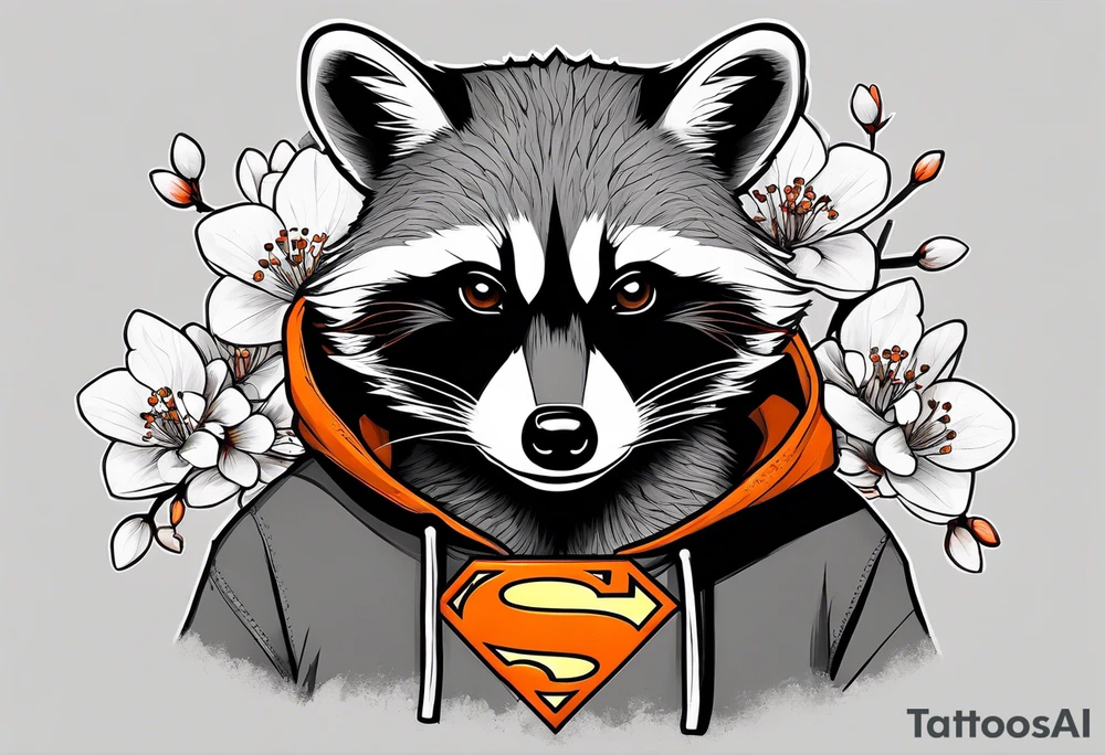 raccoon wearing a black and white Superman hoodie and orange Japanese cherry blossoms tattoo idea