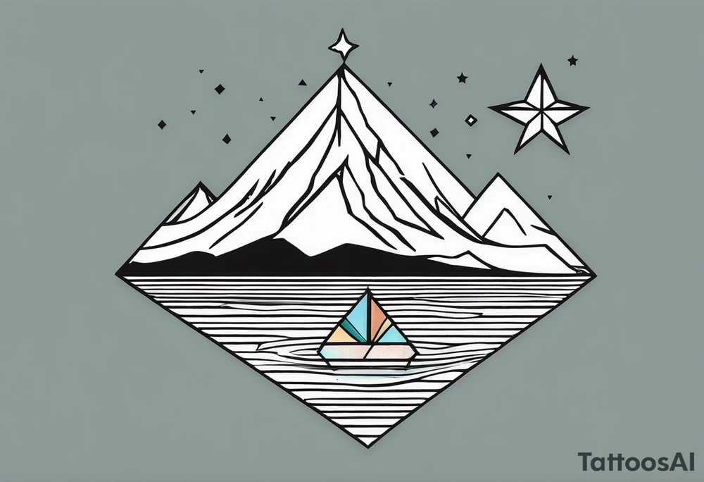 fineline style, black, no fill, mountain massif, one Peak, water wave, a large semi-circle with two small colored stars frames the mountain peak, an open diamond as a geometric shape with dashed lines surrounds everything with the water overhanging the diamond, tattoo idea