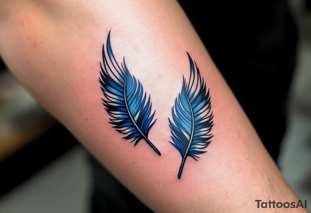 Two falling blue jay feathers, bright blue with black and white stripes, arranged like mirrored wings in midair. tattoo idea
